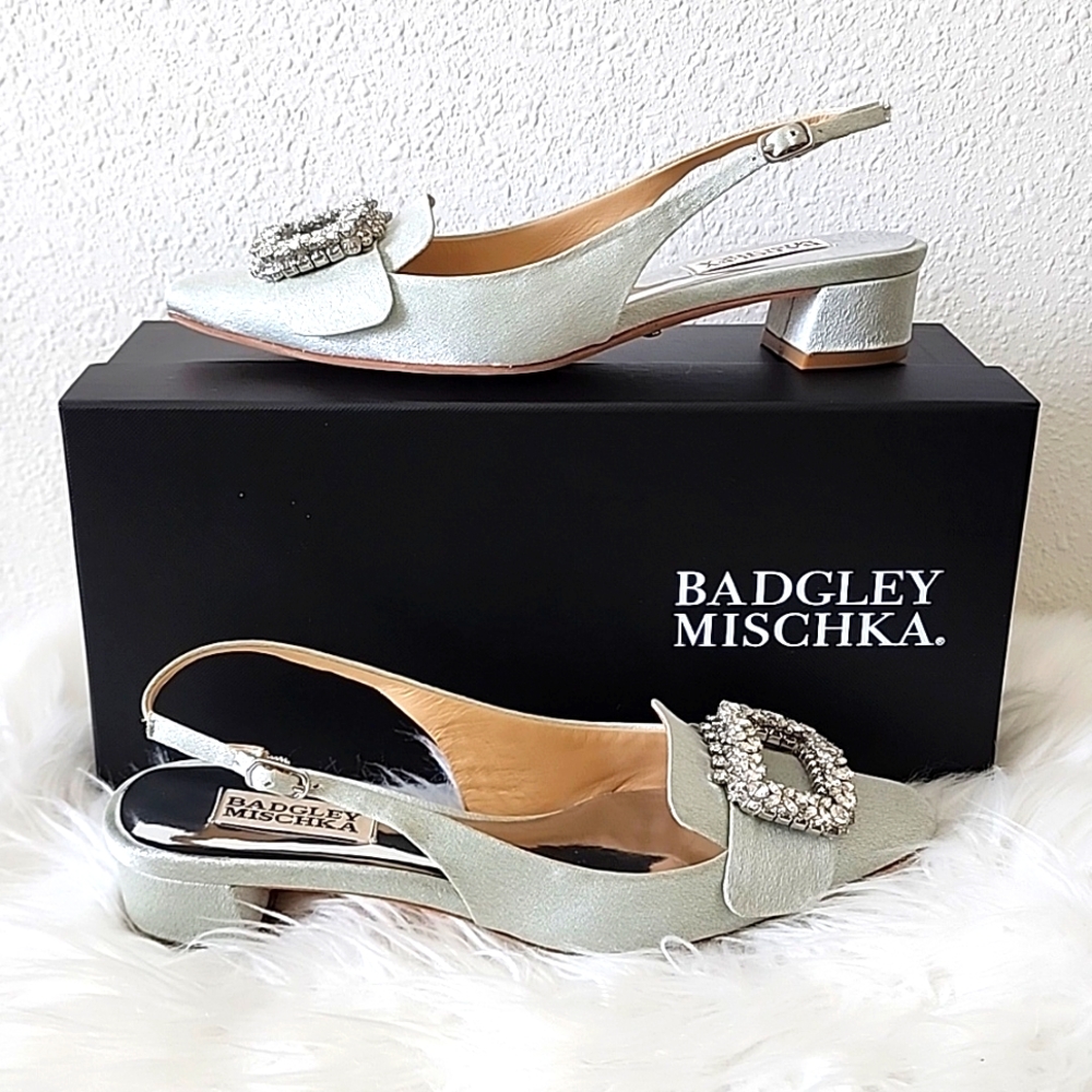 Badgley Mischka Metallic Light Green Slingback Pumps with Crystal Buckle